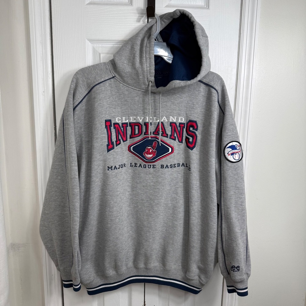 Vintage Lee Sport Cleveland Indians Hoodie Chief Wahoo MLB Embroidered Gray